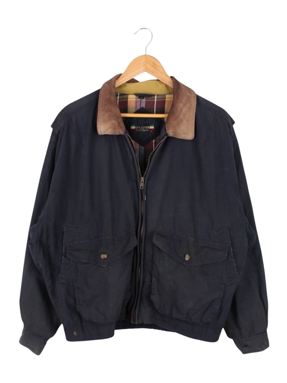Vintage New River Leather Collar Field Jacket Plaid Lined Navy Men's Large